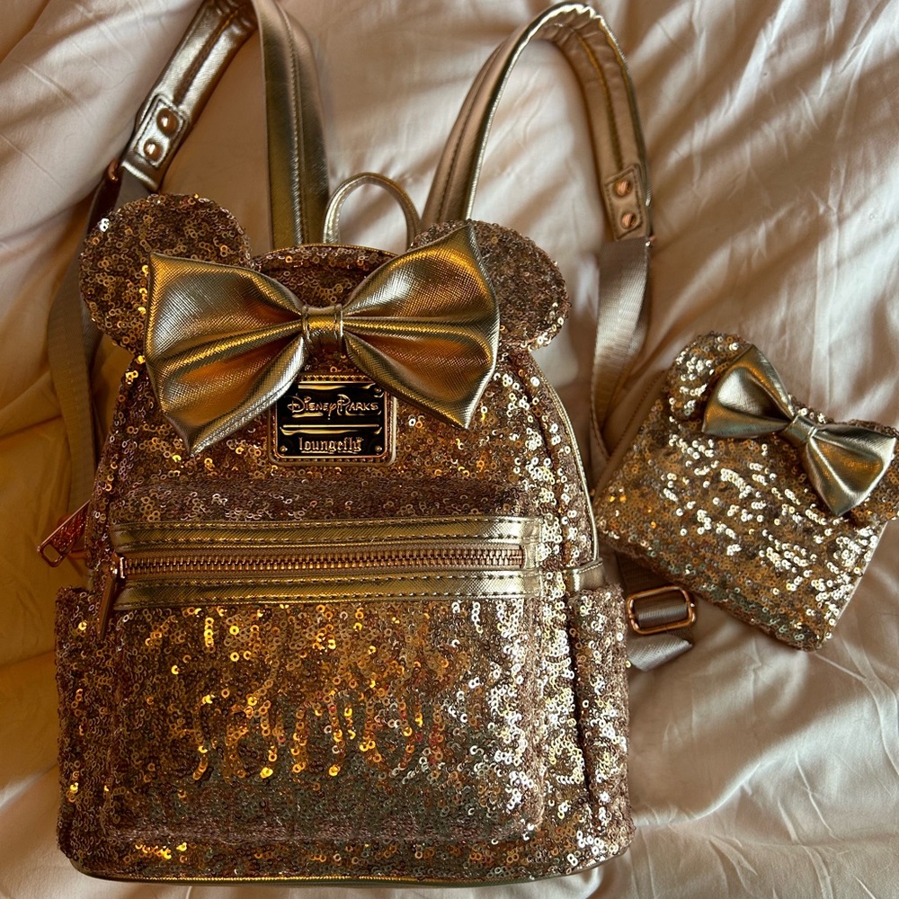 Disney Parks Rose Gold Loungefly Minnie Mouse Mini Backpack & Wallet!